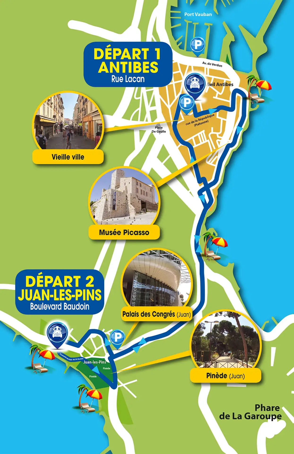 Plan illustré du circuit du Petit Train : départ 1 à Antibes, rue Lacan, départ 2 à Juan-les-Pins, boulevard Baudoin