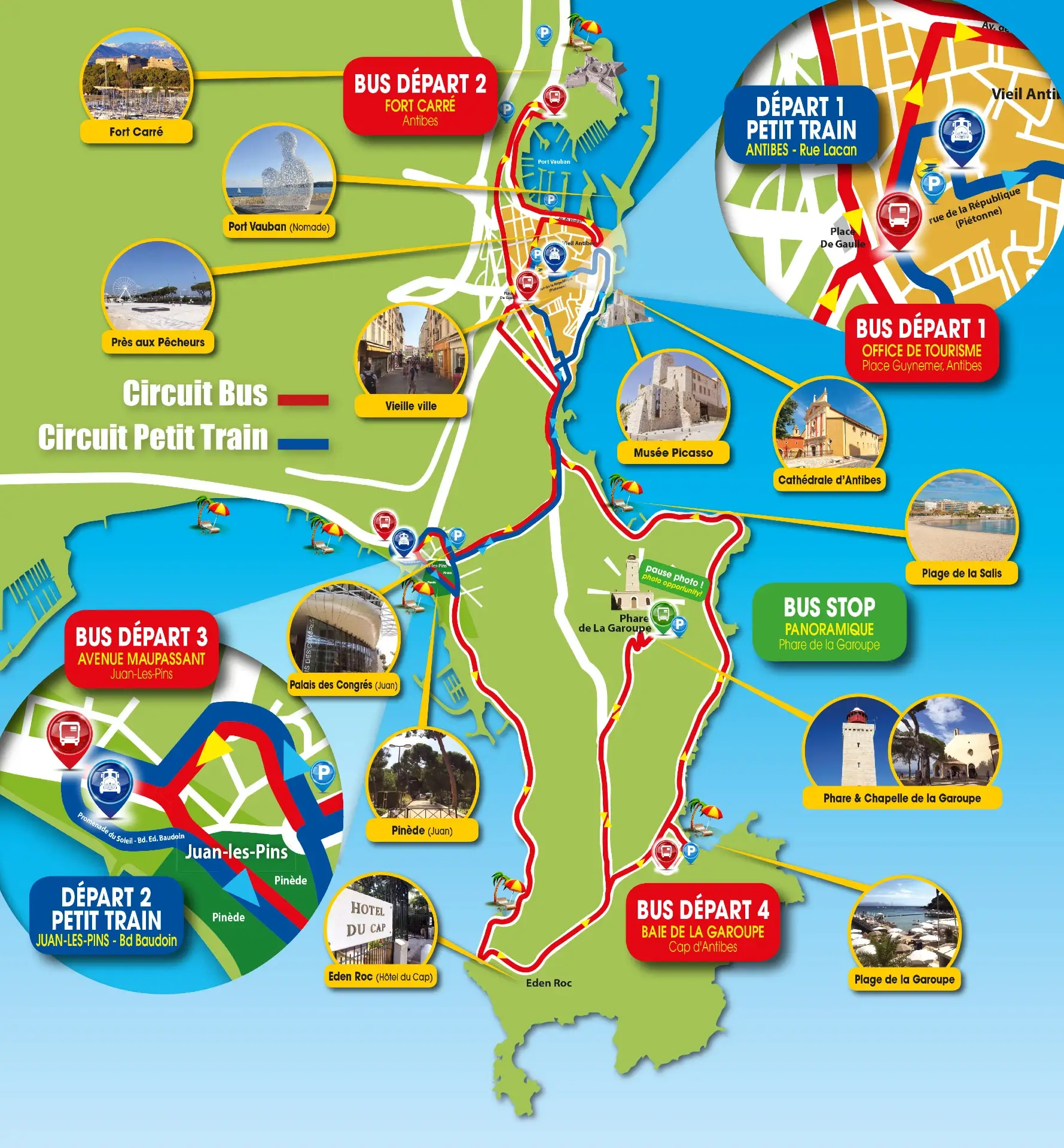 Plan du combiné : circuit du bus panoramique en rouge (4 départs) et circuit du Petit Train en bleu (2 départs)